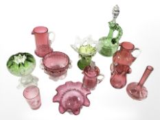 A tray of 19th century coloured glass, Mary Gregory beaker, ruby tinted glass, etc.