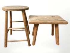 Two antique stools : One oak, one pine.