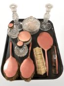 A group of crystal dressing table items, pink enamel style dressing table set, etc.