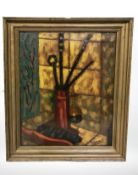 Ken Stewart : A fireside accessory set, oil on board, 38 cm x 50 cm.