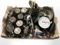 A box of metal ware, pewter tankards, silver plated items, a letter balance, chopsticks, etc.
