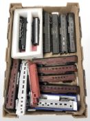 A group of Bachmann, Con-Cor and other model railway carriages, engines, etc.