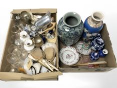 Two boxes of ceramics to include Chinese blue and white ginger jars, ornaments, dressing table set,