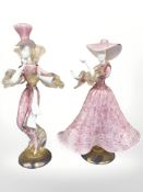 Two 20th century glass Murano figures in pink, tallest 27 cm.