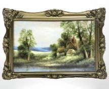 Two late 19th century oil paintings depicting cottages by a river,
