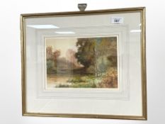 Lester James : A River Landscape with Post and Rail Fence Beyond, watercolour, signed,
