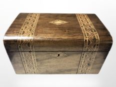 A Victorian walnut and parquetry inlaid box, width 30 cm.