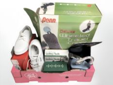 Miscellaneous items including golf bag utility belt, Slazenger trainers, wheeled travel cover, etc.