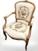 A continental walnut tapestry armchair,