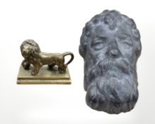 A bronze figure of The Lion of Waterloo, length 7.5 cm, together with a cast iron fountain piece.