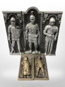 Three Marcus Designs plaques depicting knights and two others depicting Robin Hood and Friar Tuck.