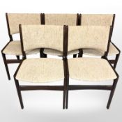 Five stained teak dining chairs with oatmeal fabric seats