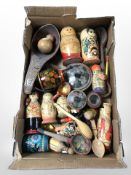 A group of Russian lacquered dolls and other European lacquer ware