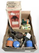 A Tilley storm light, vintage blow lamp,