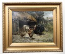 John Falconar Slater (1857-1937) : A goat, turkey and chickens before a thatched coop, oil on board,