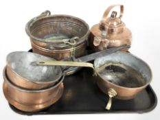 A copper kettle, saucepans, swing handled cooking pot, etc.