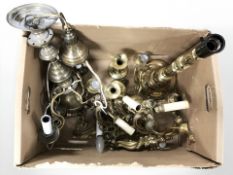 A group of Continental brass chandeliers, large lamp base,