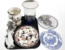 A Mason's Blue Mandalay octagonal planter, mottled blue glass vase, Nao and Lladro figurines,