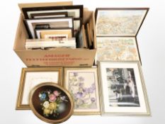 Assorted pictures and prints, oval oil on board signed Rossini, wall canvases,