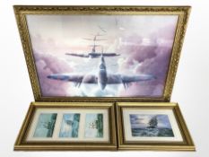 A contemporary print depicting military aircraft, a Ray SMith print of a ship in high seas,