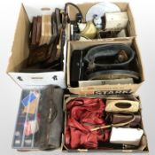 Approximately five boxes containing hand bags, wooden ware, cartridge belt, pictures,