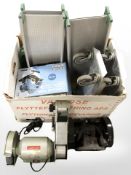 A group of tools and hardware, boxed circular saw, two bench grinders,