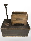 A 20th century oak magazine rack together with a barley twist stand and an antique trunk.