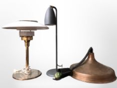 A 20th century metal copper effect ceiling light and two table lamps