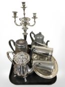 A group of pewter and EPNS tea wares, candelabrum, etc.