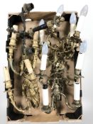 A group of gilt brass wall sconces, wired for electricity, wrought iron chandelier, etc.