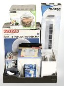 Various home electricals including desk fan, halogen oven, tower fan, multi-cooker, etc, all boxed.