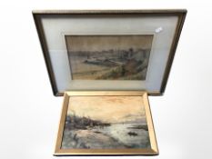 An early 20th century watercolour drawing depicting a coastline, 34 cm x 22 cm,