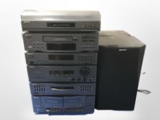A Sony six piece Hi-Fi separate system and a pair of speakers.