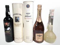 Five various bottles of alcohol, Ouzo 700ml, Ferreira Porto (both in cartons), Limoncino 50cl,