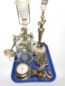 A brass cased ship's style barometer, wall sconces, two lamp bases,