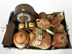 Two Art Deco mantel clocks and a quantity of cottage china.