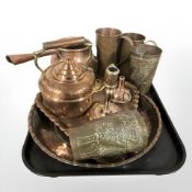 A group of copper measures, teapot, cooking pot, wine funnel,