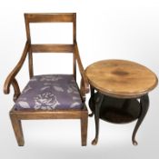A two tier mahogany occasional table together with an antique armchair.