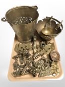 A group of brass ornaments, swing handle bowl and bucket, coat hooks, etc.