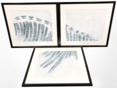 A group of three contemporary abstract watercolour paintings, framed as a set,