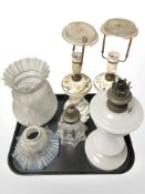 An opaque glass oil lamp base, further pair of lamps (wired),