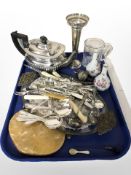 An EPNS teapot, bud vase, assorted cutlery, silver mounted hat pin, dressing table tray,
