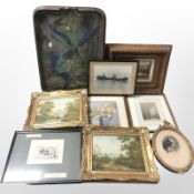 A group of pictures and prints, gilt framed oils on canvas, decorative serving tray depicting birds.