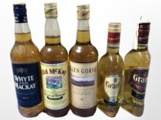 Five bottles of Scotch Whisky including Whyte and McKay, Glen Gorse,