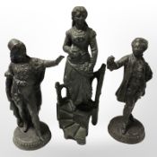 Three Victorian spelter figures, tallest 21 cm.