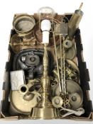 Assorted metal wares, brass lamp base, candlesticks, fire companion pieces,