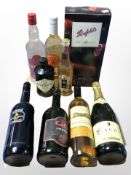 A Shiraz gift bottle set and eight further bottles of alcohol, Harvey's Bristol Cream,