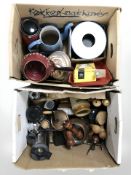 Mixed continental dinner wares including enameled items, stoneware jars, salt and pepper grinders,