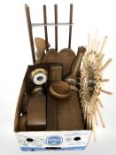 A group of barometers, wooden items, cane work sunburst mirror, table boxes, etc.