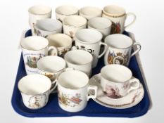 A collection of commemorative mugs including Maling, Adams, etc.